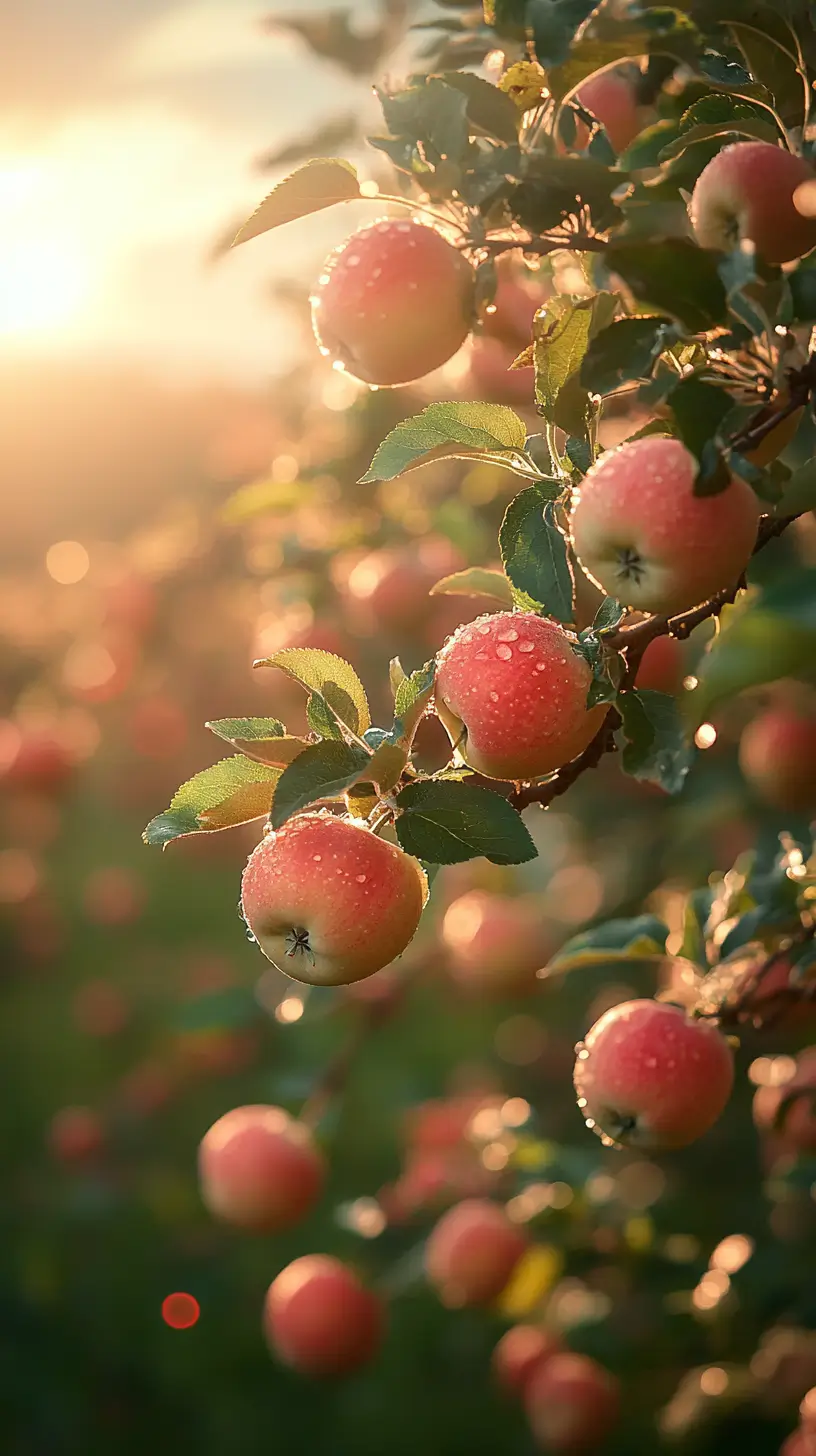 Apple tree heavy with ripe fruit against a serene sunset, illustrating nature's bounty and tranquility.