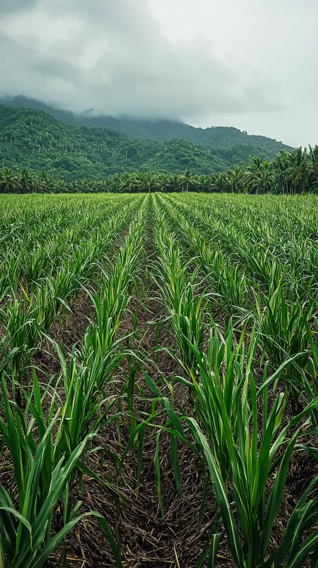 A field of lush sugarcane under a clear sky.