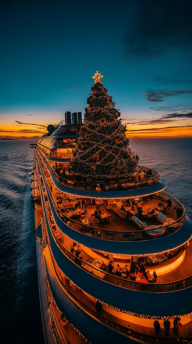 A luxury cruise ship decorated with holiday lights.