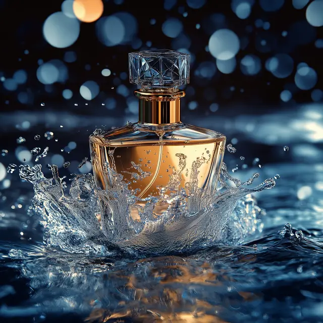 Luxury perfume bottle with water waves surrounding it in a still life setup.