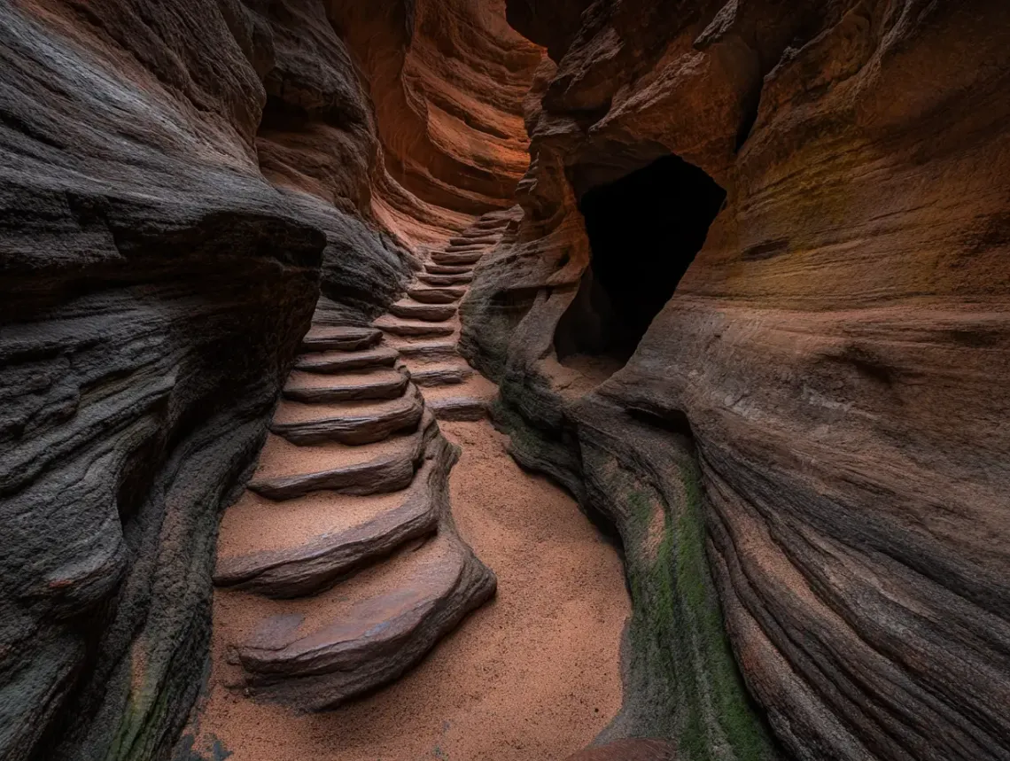 Narrow path winding through a majestic canyon with towering rock walls casting shadows below.