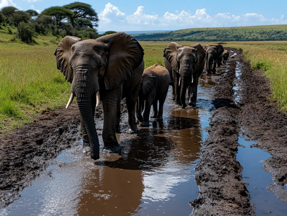  A herd of majestic elephants walking in unison down a muddy road, their large ears flapping gently.