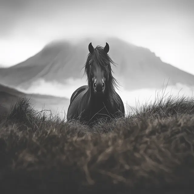 Black and white artwork of a majestic horse.