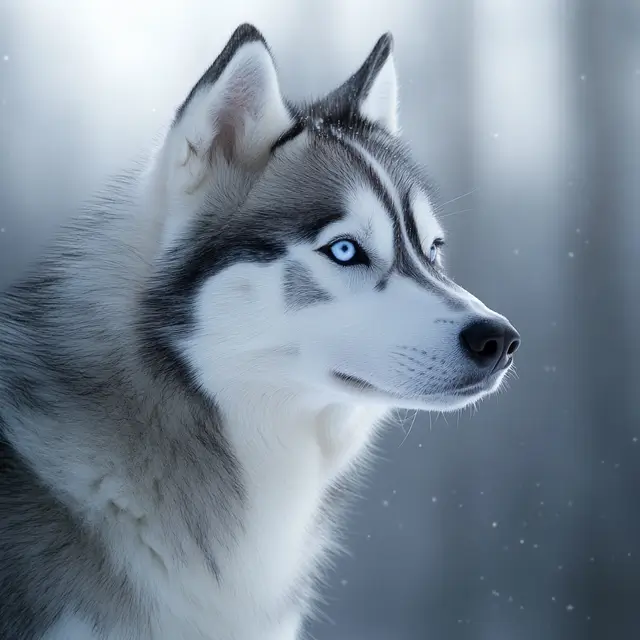 A calm, slim husky with white and black fur.