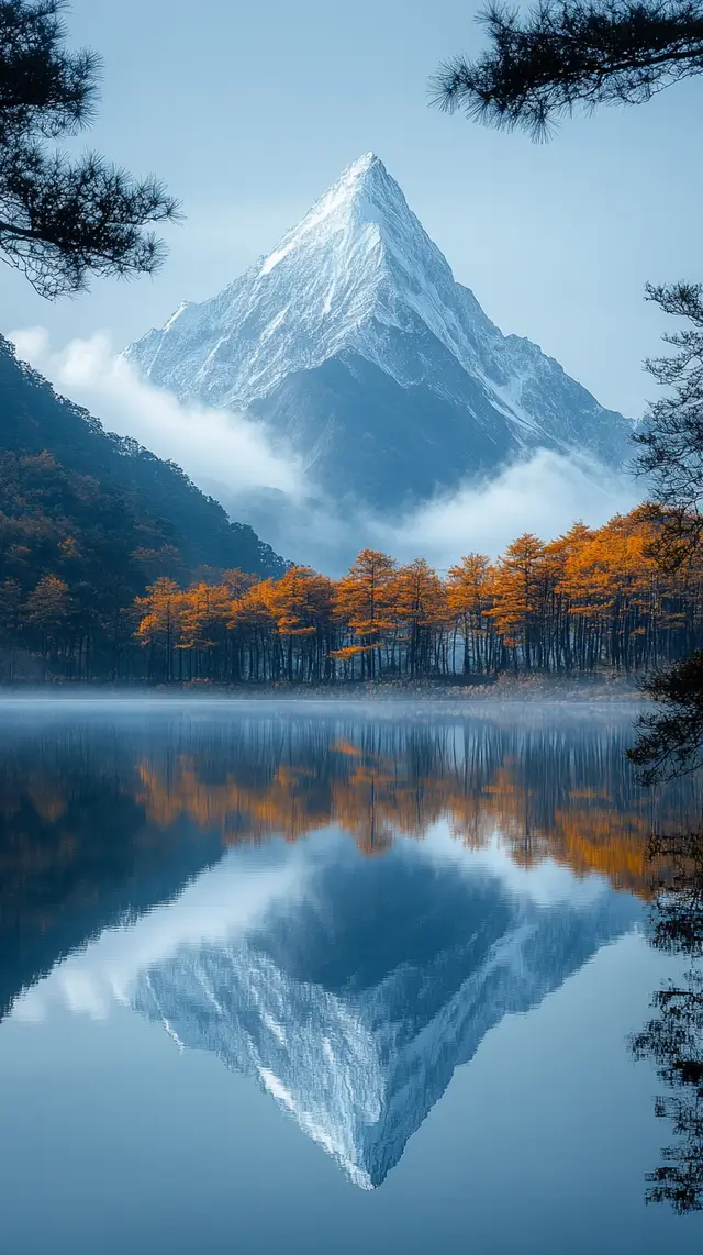 An imposing mountain reflected in a serene lake.