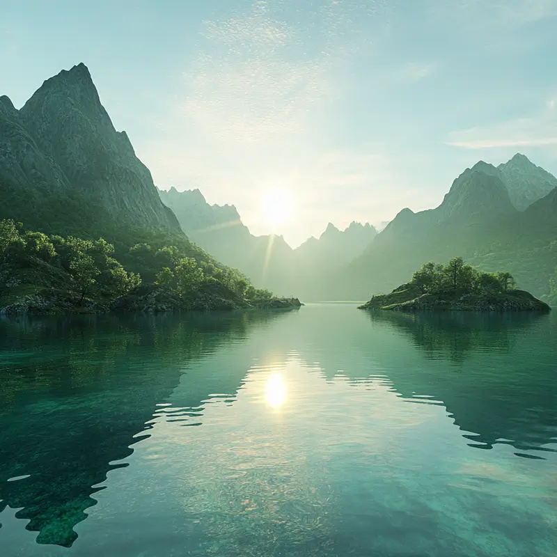 Scenic landscape of mountains and waters with lush vegetation.