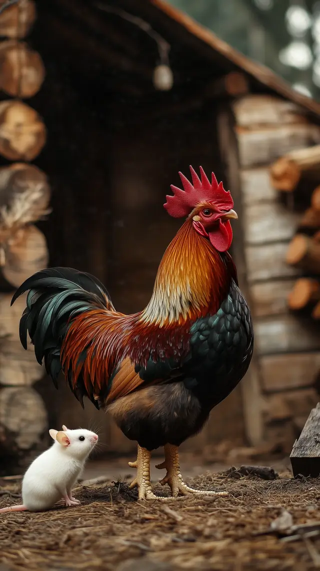 Majestic rooster in a rustic farmhouse.