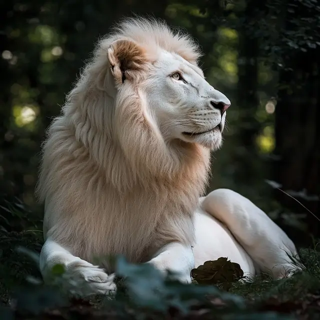 A white African lion in the forest.