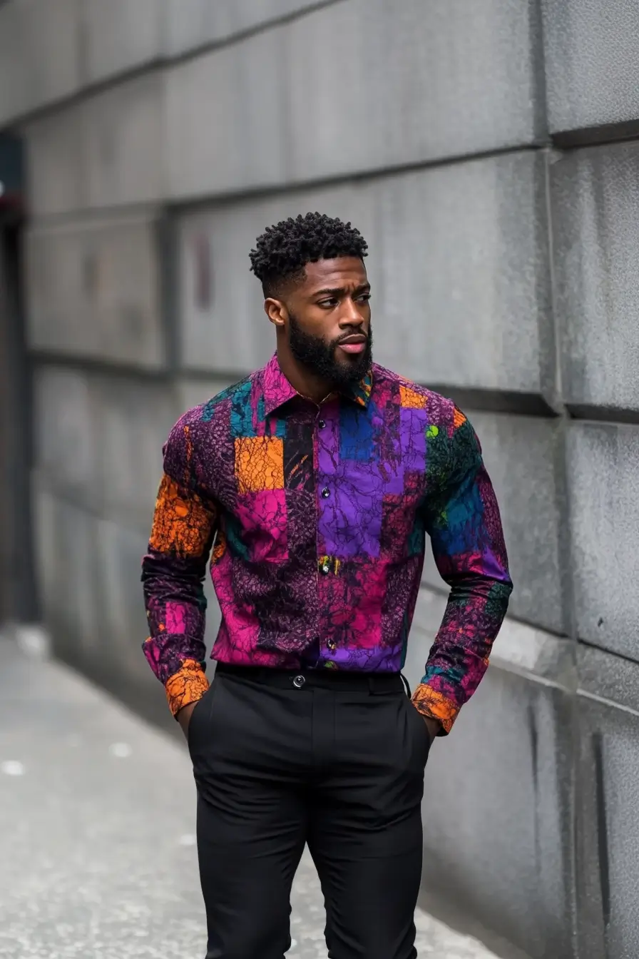 Man in vibrant, colorfully printed shirt and solid black pants, standing neutrally in a casual yet stylish outfit.