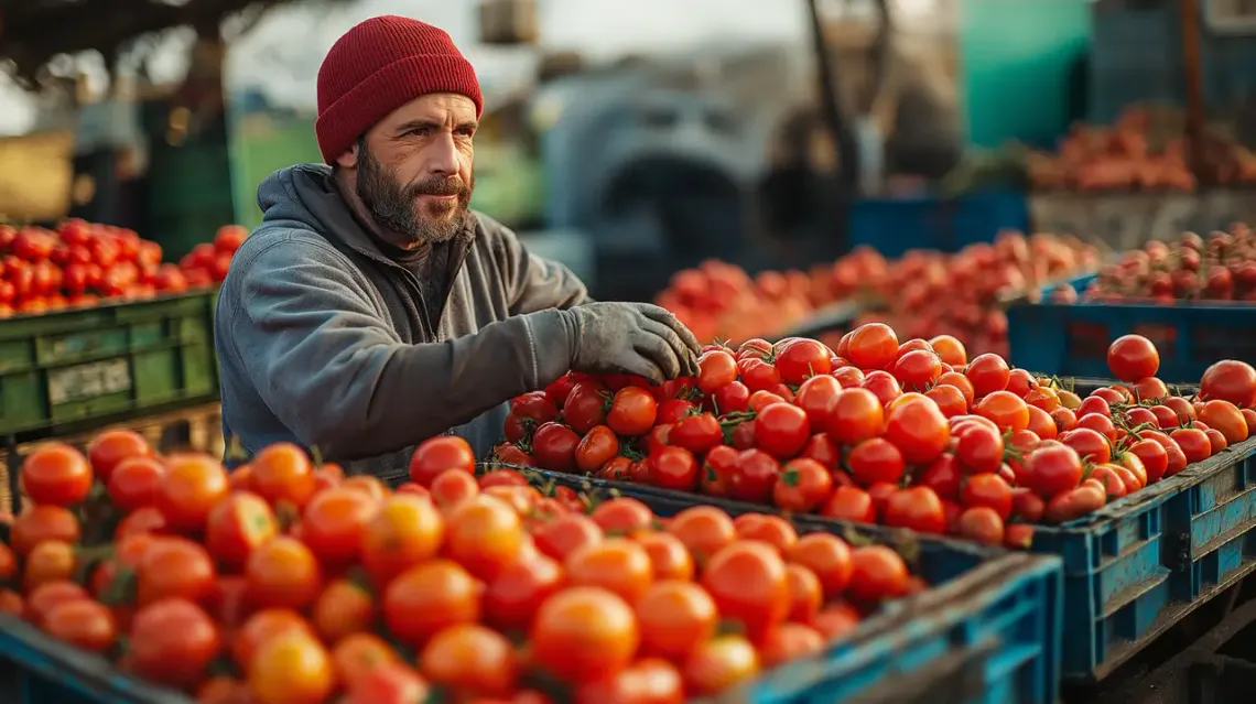 Aerial closeup view of a man sorting tomatoes on a farm.