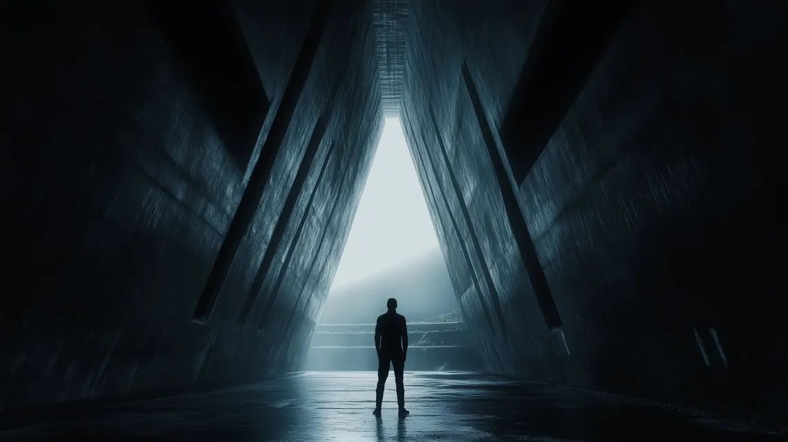 Silhouetted man standing in a dimly lit tunnel with a distant light glow, symbolizing hope and mystery.