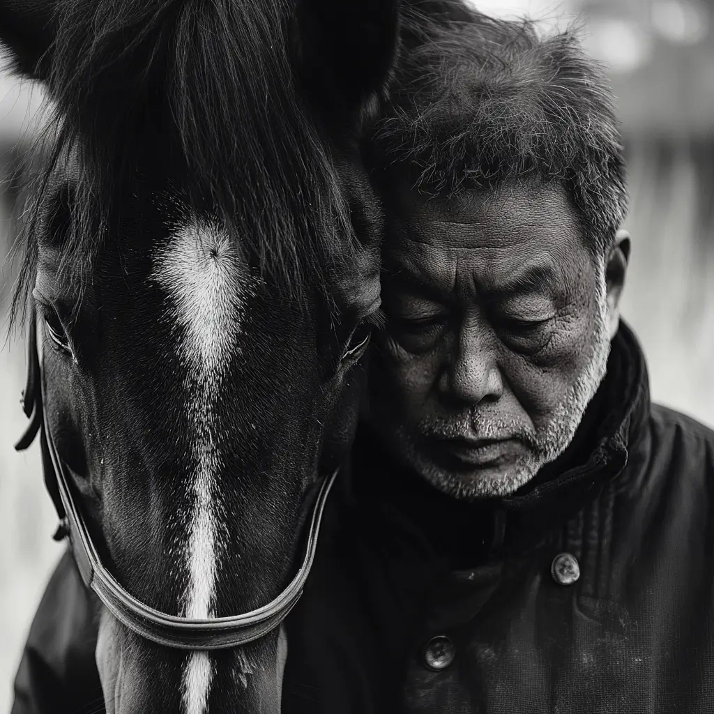 Man standing next to a horse, portraying a moment of connection in a serene outdoor setting.