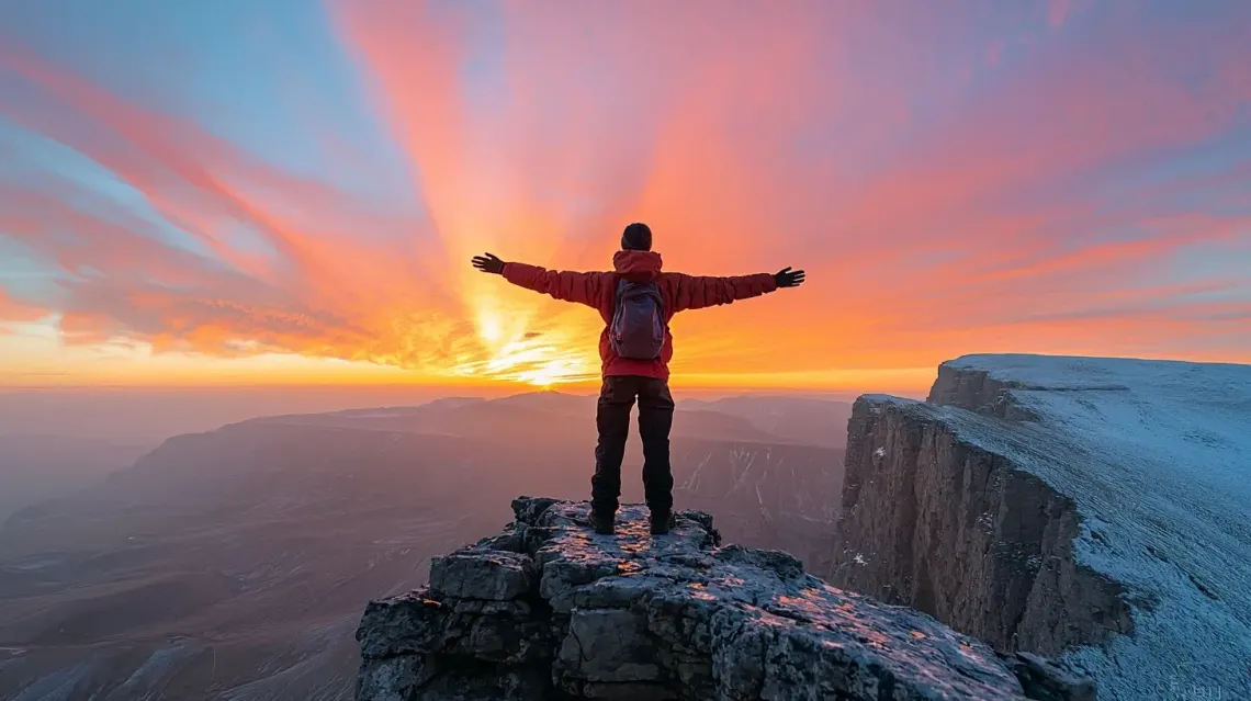 Man standing triumphantly on mountain peak with outstretched arms, expressing victory and freedom.