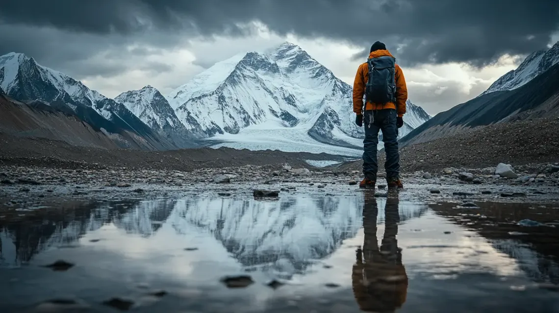 Man Standing at the Base of Mount Everest