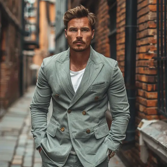 Man wearing stylish light gray denim suit with white shirt.