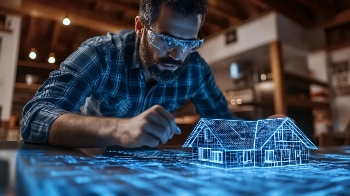 Middle-aged man intently examining an elaborate architectural model of a house in a well-lit room.