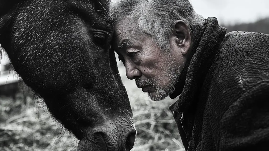 Man gently touching the head of a horse, with his head, displaying a moment of bonding and trust.