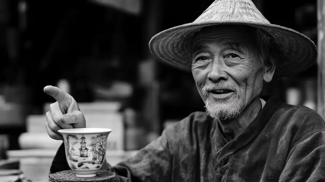 Man in a hat holding a cup in a tranquil outdoor setting, his facial features and attire unfocused.