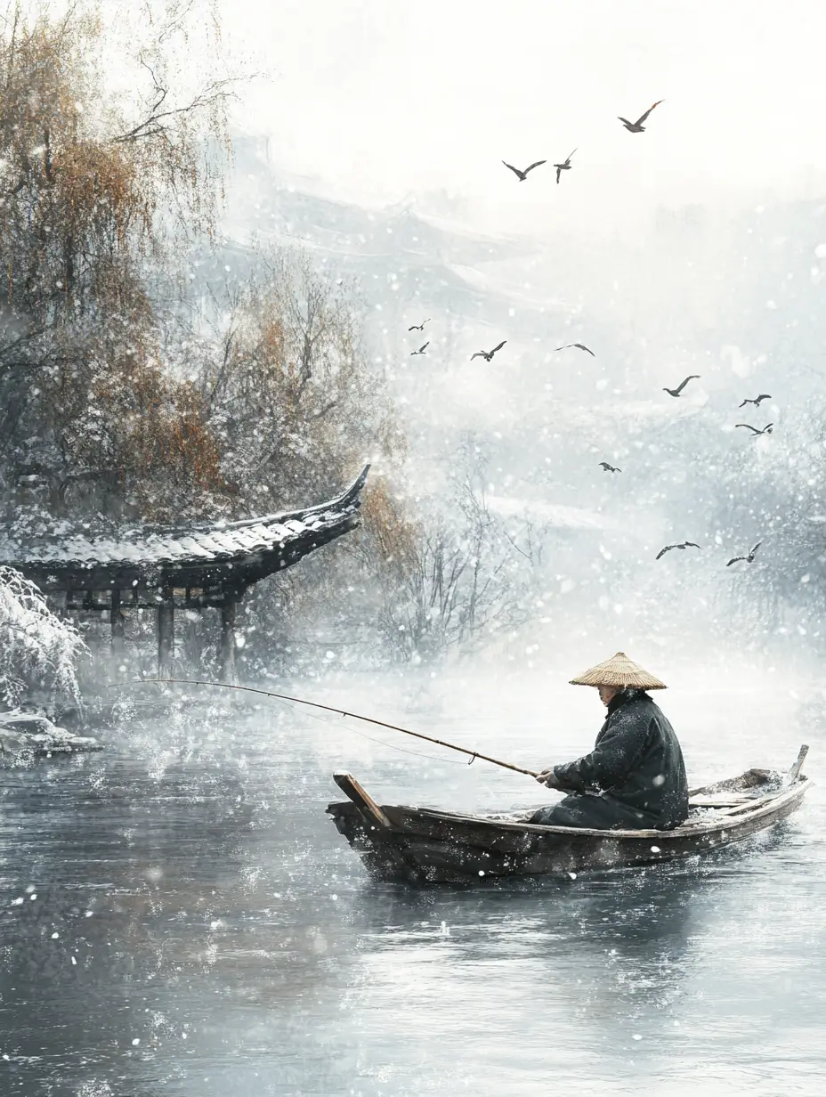 Man peacefully fishing on a boat on a tranquil river with a distant flock of birds flying.