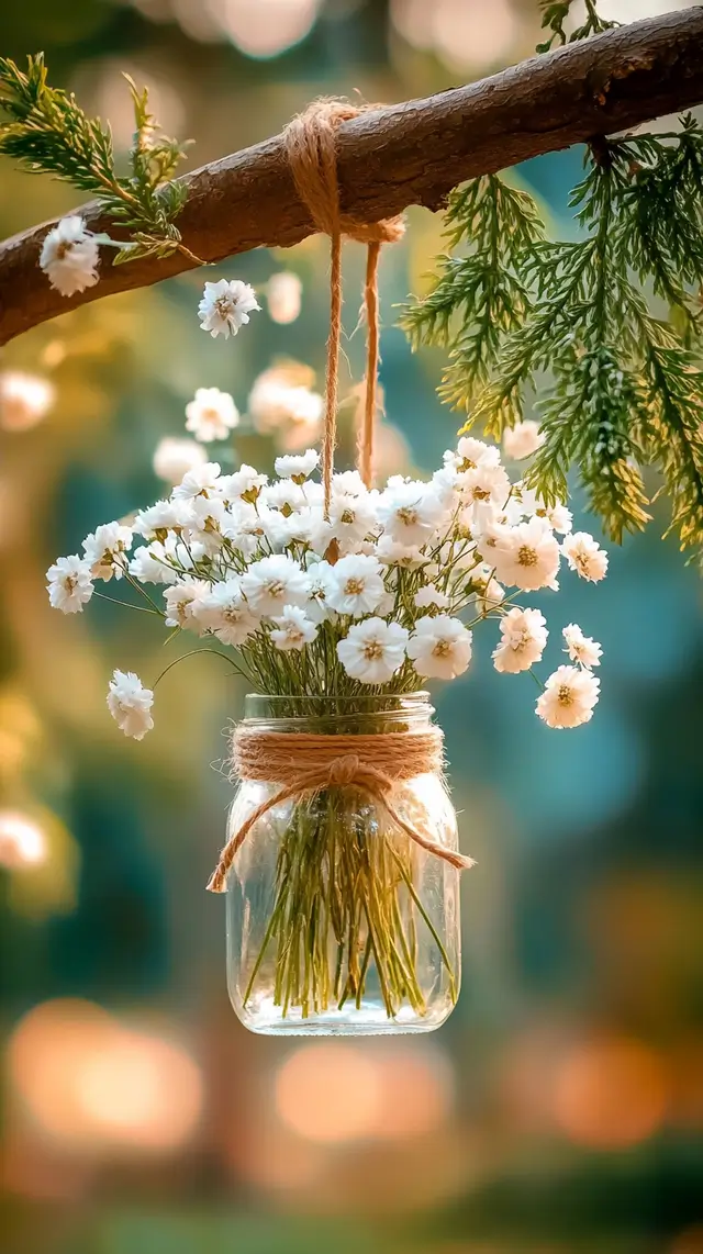 A mason jar filled with white baby's breath flowers.