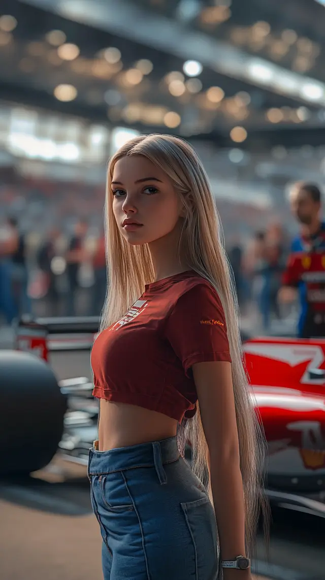 Ella Carson, software engineer and speed lover, backstage at the F1 paddock, under pit lane lights.