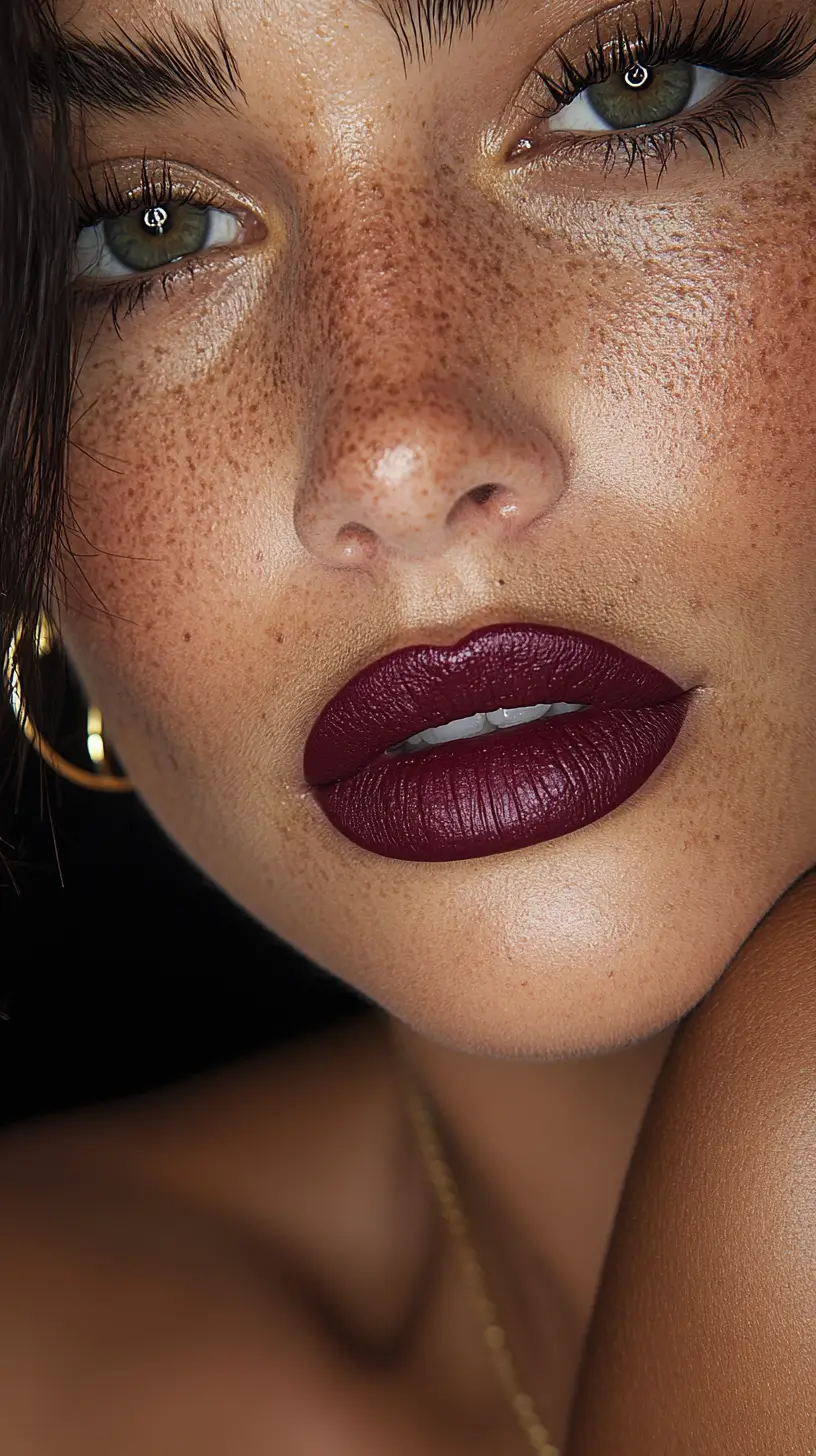 Close-up of a woman with bold purple lipstick, blurred background emphasizing lip detail.