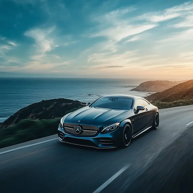 Mercedes Benz on a hill with a view of the blue landscape.