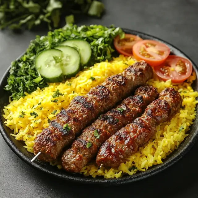 A platter of ground minced kebabs, yellow rice and fresh greens.