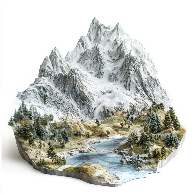 Miniature landscape of the Alps in an ultra-fine 3D model.