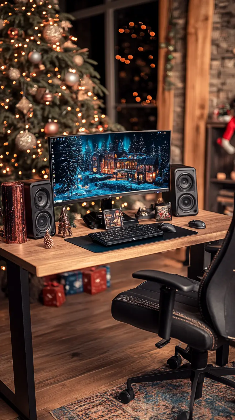 Modern and minimalistic computer desk setup with central monitor and flanking speakers in a clean workspace.