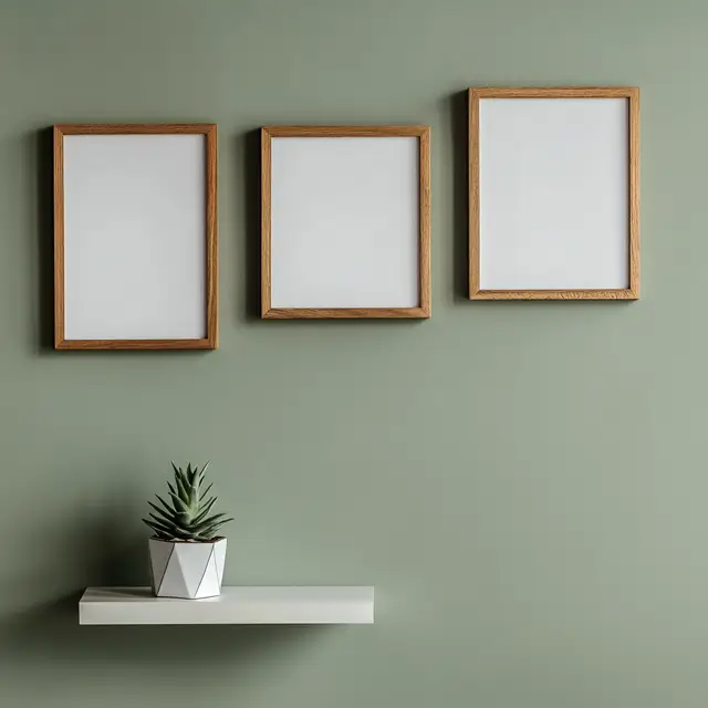 Three vertical wooden picture frames hanging on a light-colored wall.