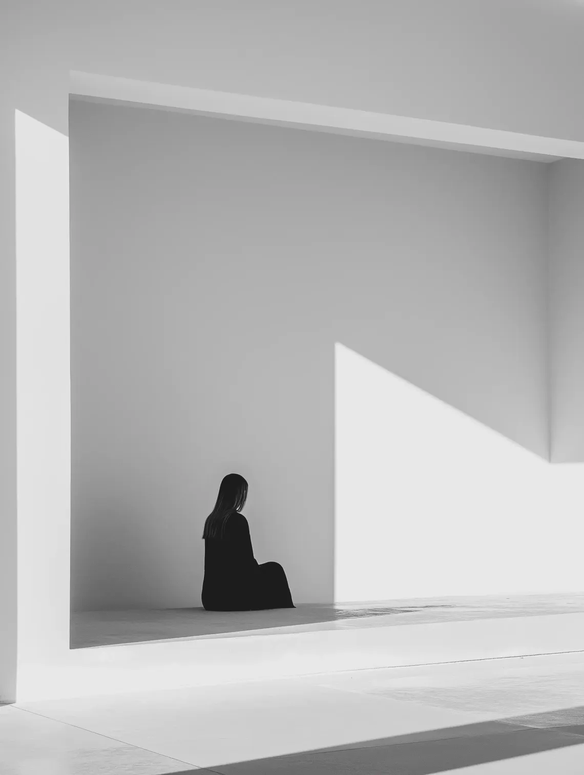 Woman sitting in a minimalistic white room, emanating a serene and tranquil atmosphere.