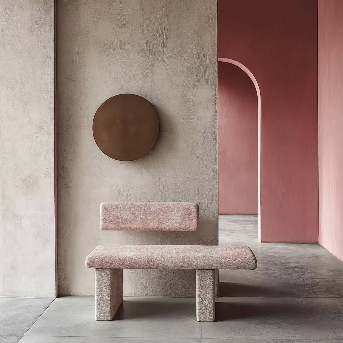 A clean, minimalist room with a wooden bench against a wall, with a vibrant pink wall in a well-lit atmosphere.