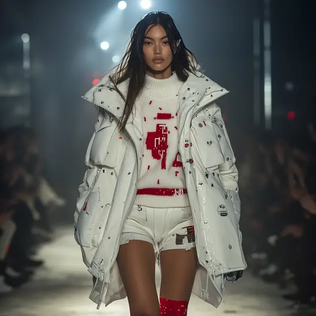 A model wearing a white cyberpunk coat in a fashion shoot.