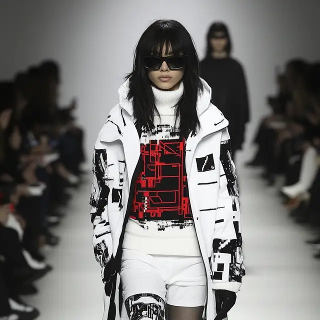 A model wearing a white cyberpunk coat.