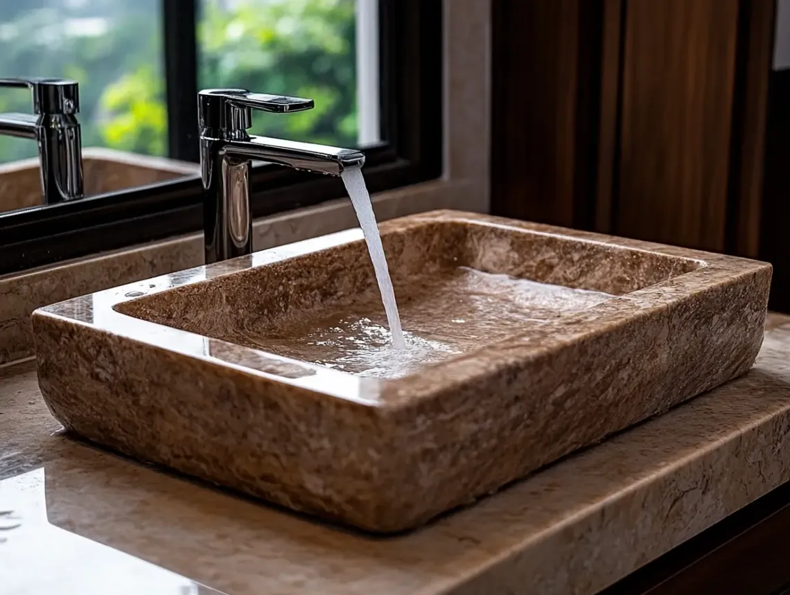 Ceramic bathroom sink with a running silver faucet against a neutral background, embodying a clean, modern style.