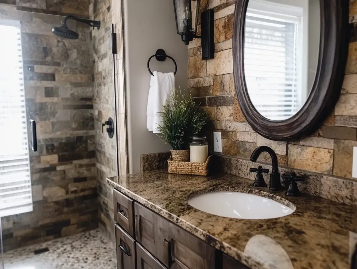 Modern and clean bathroom with a porcelain sink, matching framed oval mirror, and a well-lit, neutral color scheme.