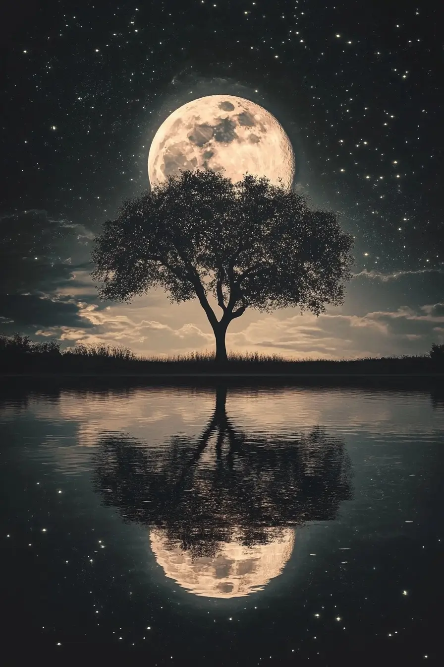 Majestic tree reflected in calm water under the soft glow of a full moon, creating a tranquil, mystical scene.