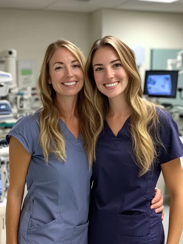 Middle-aged white American mother with her daughter captured on iPhone.