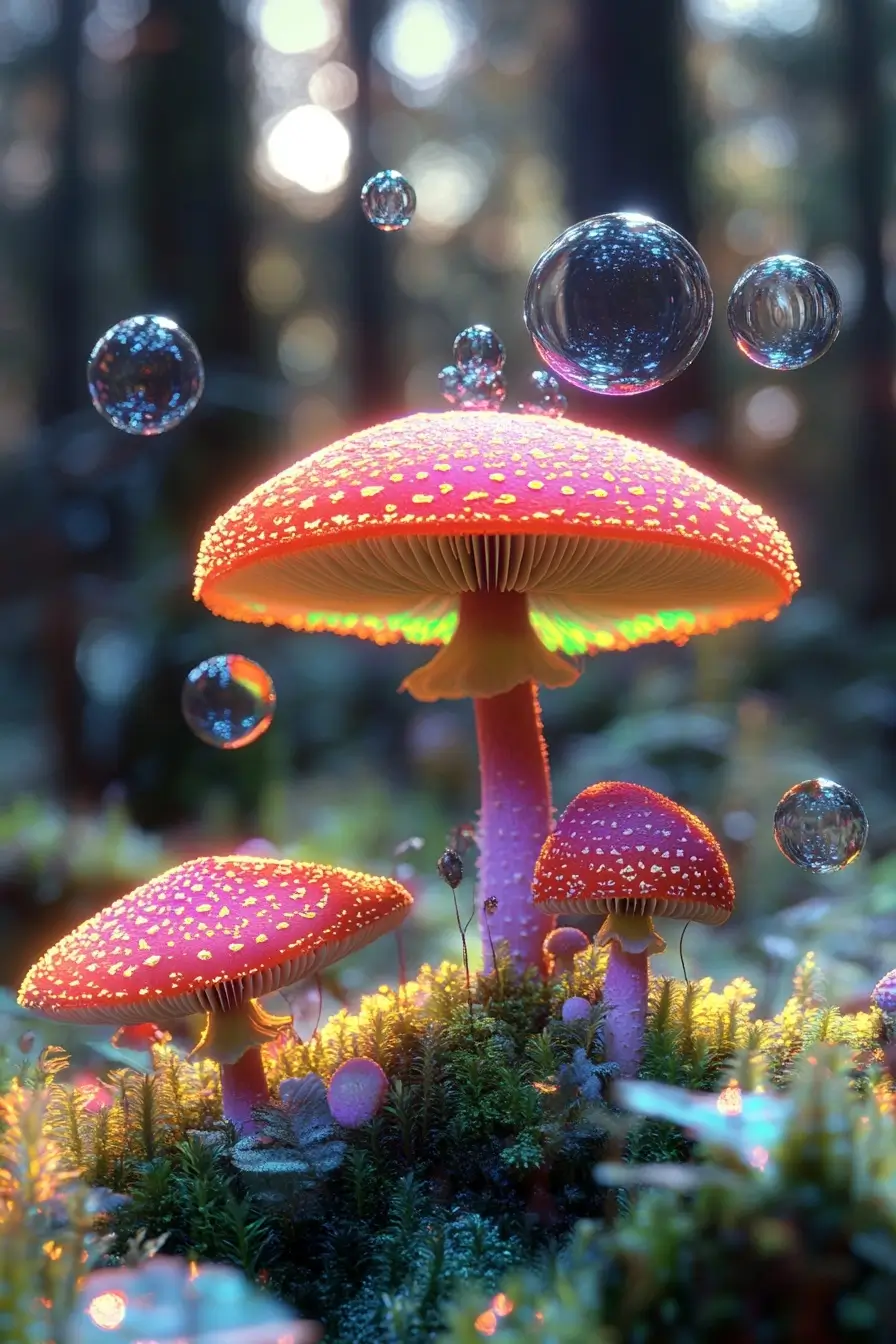 Group of varying mushrooms atop a lush green forest, creating a harmonious blend of nature's elements.