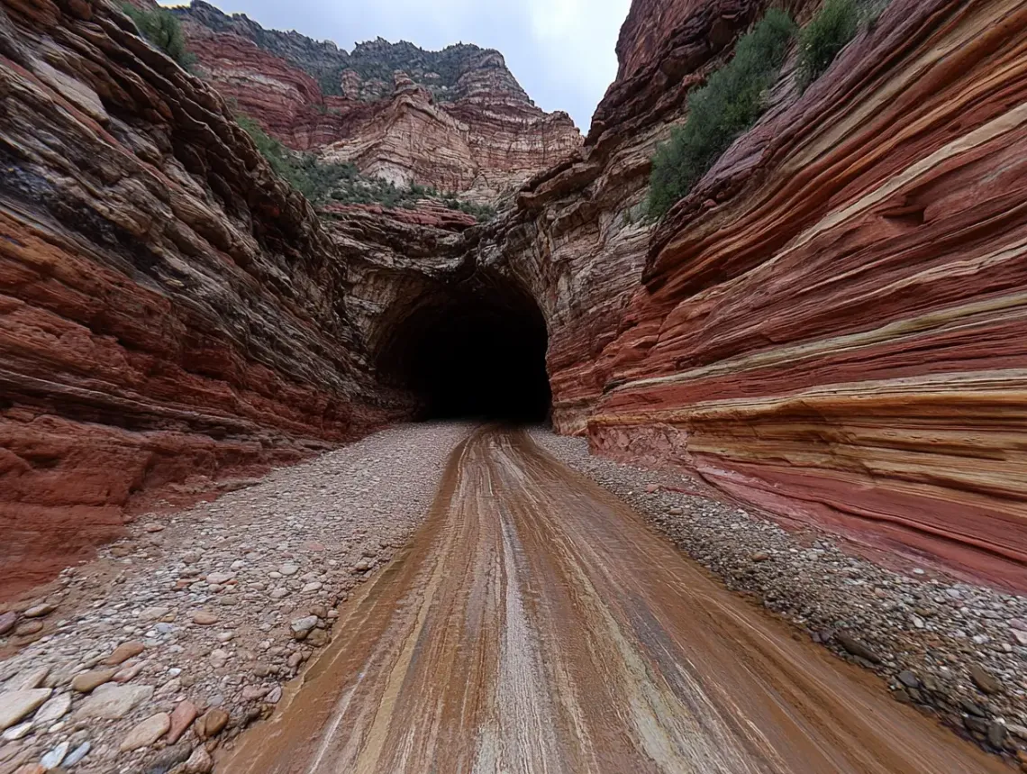 Dirt road winding through a rugged, isolated canyon leading to a dark, mysterious tunnel.