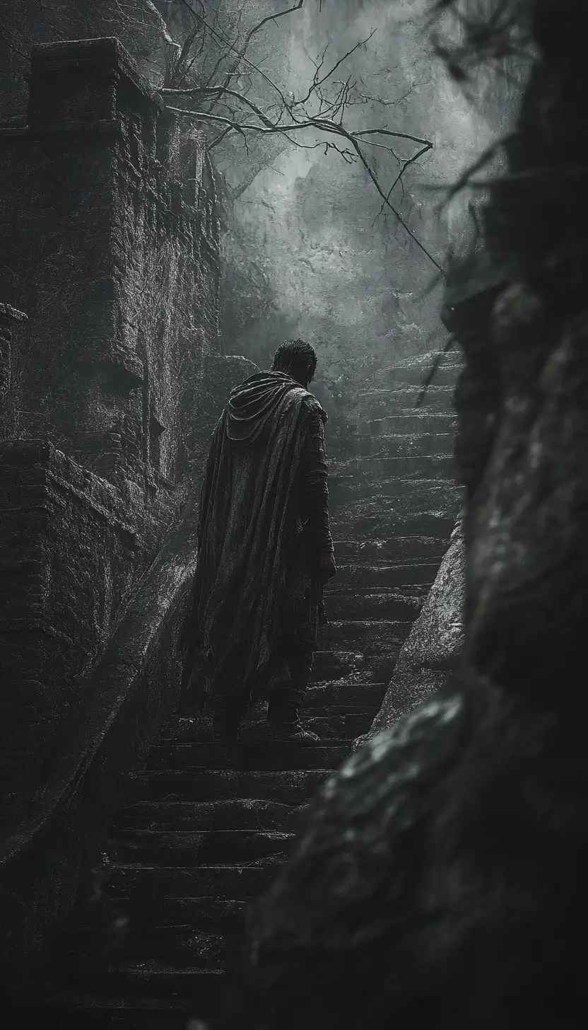 Mysterious cloaked figure ascending a dimly lit, worn staircase with purpose and intrigue.