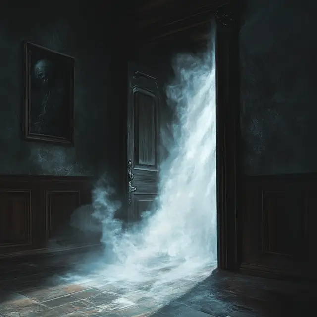 Shadowy mist seeping through the crack in a door.