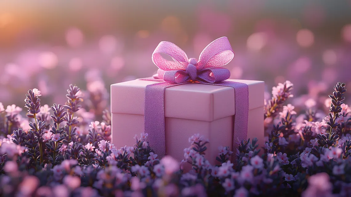 Small white gift box in a vibrant field of flowers, creating a beautiful and peaceful scene.