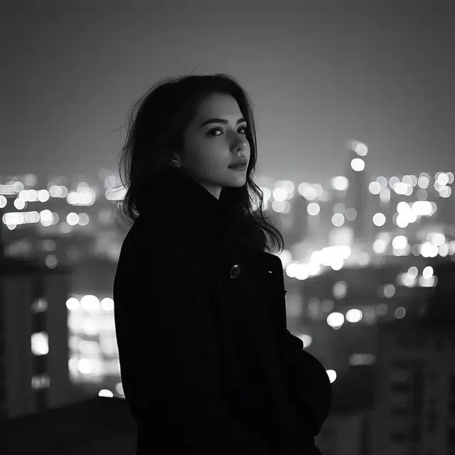 Realistic black and white photo of a girl with dark hair.