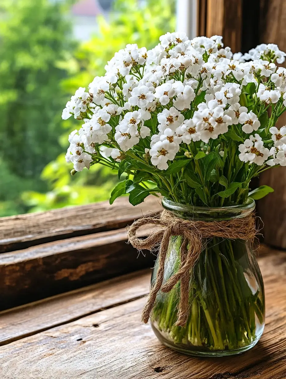 Beautiful vase with delicate white flowers on a rustic windowsill with natural light filtering in.