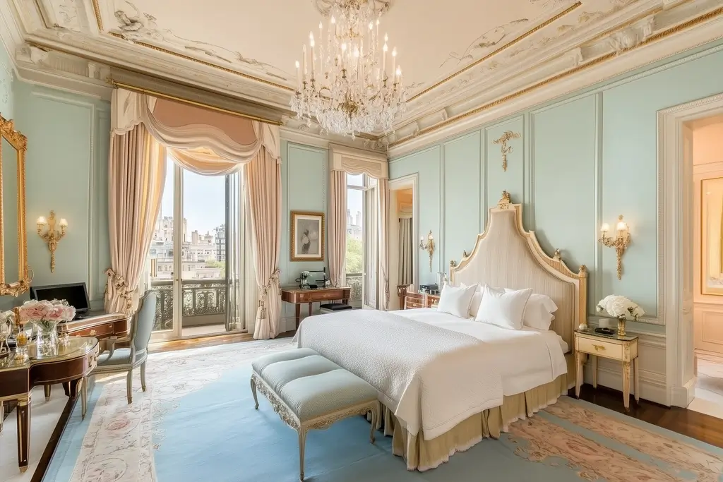 A luxurious neo-classical bedroom with elegant furnishings.