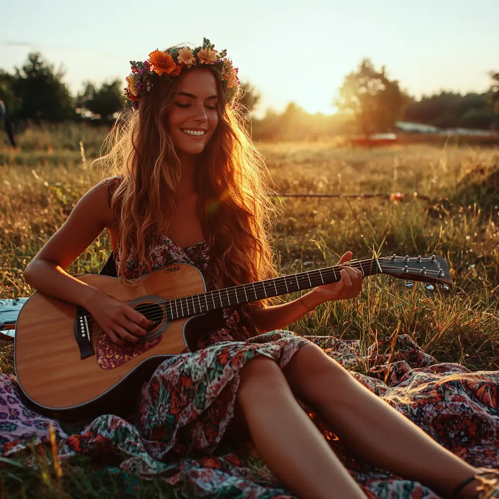 Woman joyfully playing guitar amidst lush green field under bright sunshine.