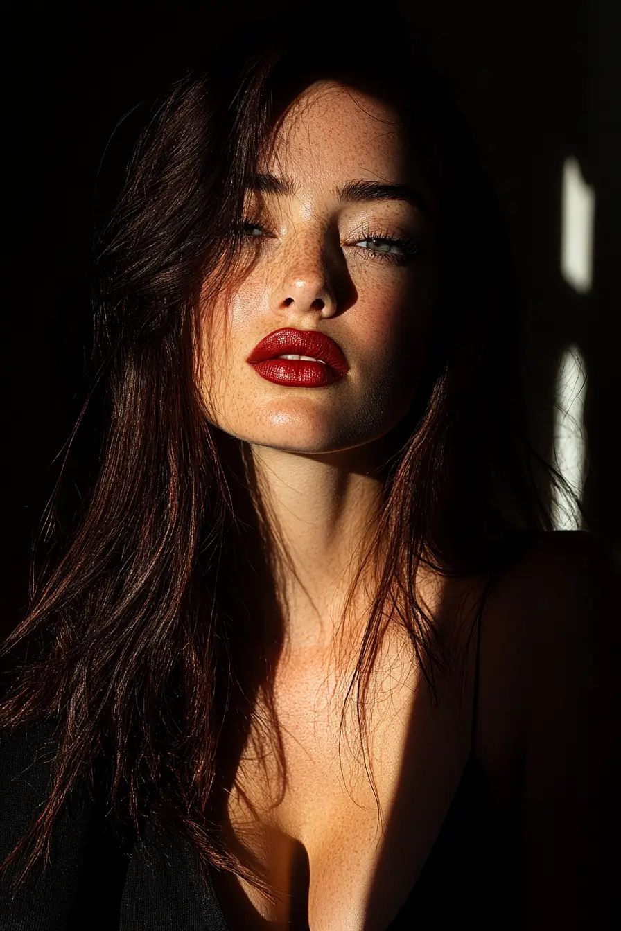 Elegant and confident woman with long dark hair and striking red lipstick posing for the camera.