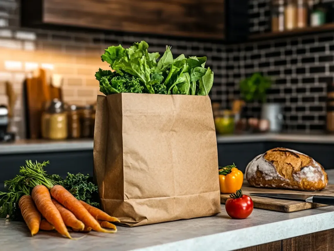 Fresh vegetables including carrots, tomatoes, bell peppers, and leafy greens in a paper bag on a clean countertop.